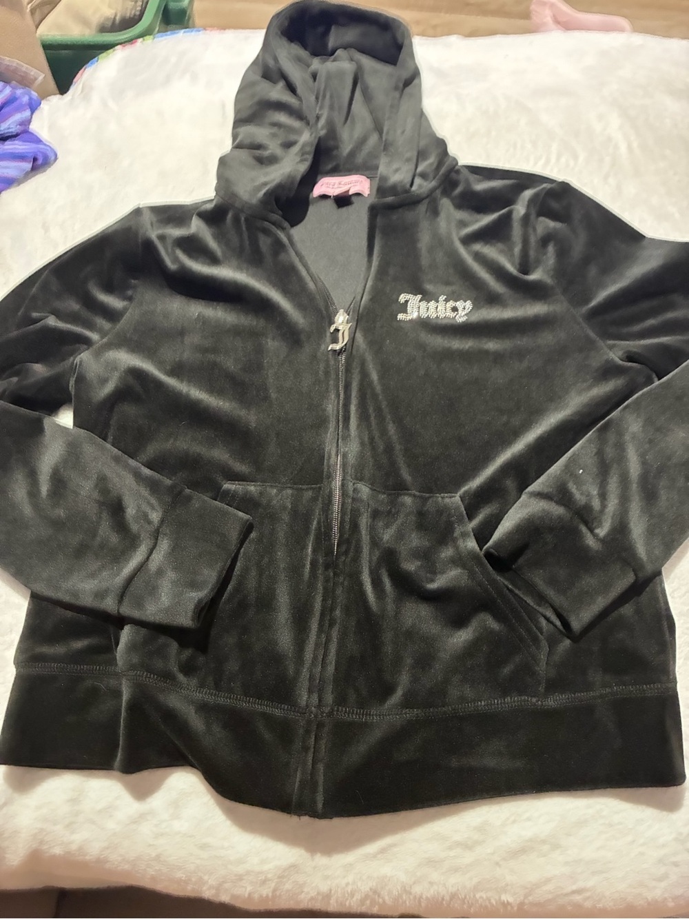 Juicy Couture Black Velour Zip Hoodie with Rhinestone Logo